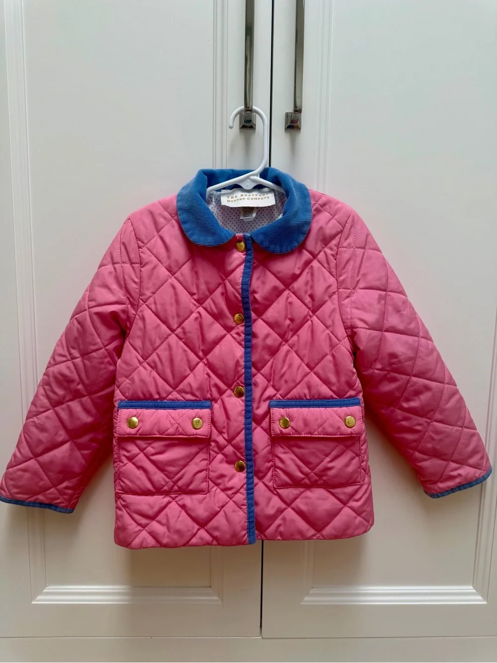 The Beaufort Bonnet Company Pink Quilted Jacket Size 5 w/ Blue Corduroy Trim EUC